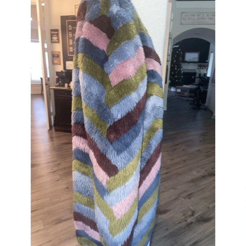 Anthropologie Hutch Chevron‎ Faux Fur Coat Size Small Rainbow Green Blue Pink